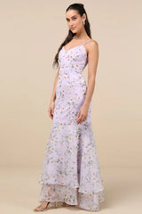 Pure Splendor Lavender Floral Organza Trumpet Maxi Dress