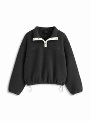 Fleece Collar Drawstring Button Long Sleeve Sweatshirt