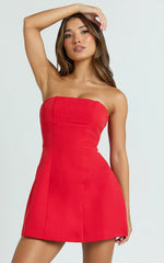 Catharine Mini Dress - Strapless A Line Dress in Red