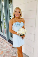 Cute Bodycon Strapless Mini Homecoming Dress with 3D Rosette Bodice Detail