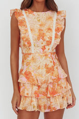 Weekend Muse Sleeveless Layered Frill Romper Flowers Yellow