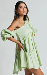 Harleen Mini Dress - Linen Asymmetrical Trim Puff Sleeve Dress in Sage