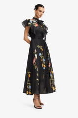 Elsie Flutter Sleeve Midi Dress - Lemon Vine Print in Ebony