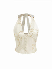 Halter V-Neck Knotted Floral Embroidery Top