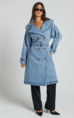 Vinnie Trench Coat - Denim Washed Trench Coat in Mid Blue
