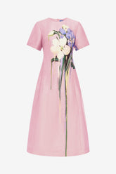 Caroline Short Sleeve Midi Dress - Bouquet Print in Pastel Pink