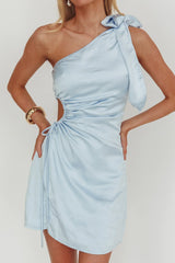 Analeigh One-Shoulder Keyhole Waist Mini Dress Baby Blue