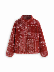 Fleece Stand Collar Paisley Print Oversized Jacket