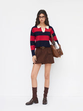 Knit Stripe Polo Collar V-neck Long Sleeve Oversized Top