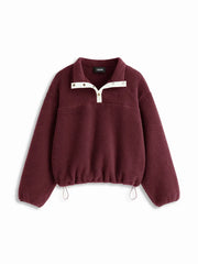 Fleece Collar Drawstring Button Long Sleeve Sweatshirt