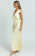 Hailey Midi Dress - Cap Sleeve V Neck Dress in Lemon