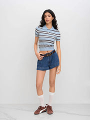 Knit Polo Collar Stripe Short Sleeve Top