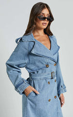 Vinnie Trench Coat - Denim Washed Trench Coat in Mid Blue