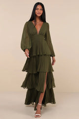 Graceful Finesse Olive Green Pleated Long Sleeve Maxi Dress