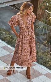 Amalie The Label - Franc Linen Puff Sleeve Wrap Midi Linen Dress - Int