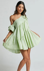 Harleen Mini Dress - Linen Asymmetrical Trim Puff Sleeve Dress in Sage