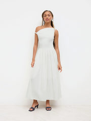 Cotton-blend Asymmetrical Neck Ruched Twist Pleated Maxi Dress
