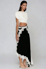 Bess Asymmetric Lace Satin Maxi Dress In Black