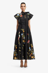 Elsie Flutter Sleeve Midi Dress - Lemon Vine Print in Ebony