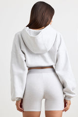 Stretch Cotton Fleece Cropped Hoodie in Grey Marl