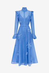 Katrina Appliqué Butterfly Sleeve Midi Dress - Azure
