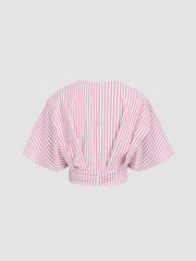 Cotton-blend V-neck Stripe Ruched Dolman Sleeve Shirt