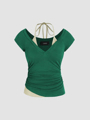 Halter Neckline Patchy Short Sleeve Top
