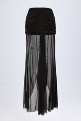 Ruched Hardware-Detail Fishtail Maxi Skirt in Black