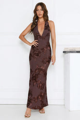 Lime Light Mesh Halter Maxi Dress Brown