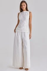 White Cotton Placement Lace Broderie Anglais Boat Neck Top