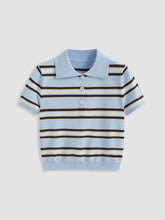 Knit Polo Collar Stripe Short Sleeve Top