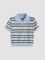 Knit Polo Collar Stripe Short Sleeve Top