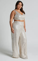 Abela Two Piece Set - Crop Top and Wide Leg Pants Set in Silver Sequin