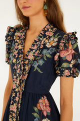Dark Blue Maira Floral Short Sleeve Maxi Dress