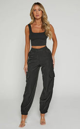 Robbie Pants - Mid Rise Cuffed Ankle Cargo Pants in Black
