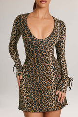 Modal Long-Sleeve Mini Dress in Leopard Print