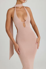 Scarf-Detail Cut-Out Halterneck Maxi Dress in Warm Peach