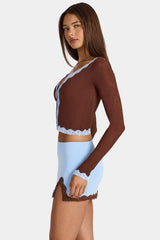 Lace-Trim Cropped Cardigan in Cocoa Brown