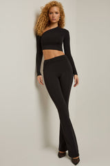 Asymmetric Draped Mid-Rise Flared Trousers in Black