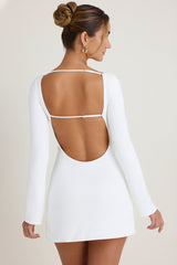 Cut-Out Long-Sleeve Mini Dress in White