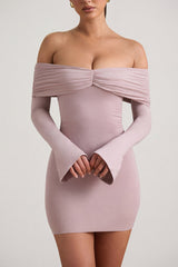 Modal-Cashmere Blend Off-Shoulder Ruched Mini Dress in Taupe