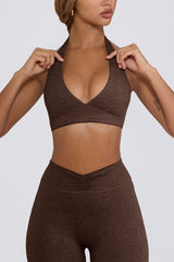Brushed Jersey V-Neck Sports Bra in Pecan Marl