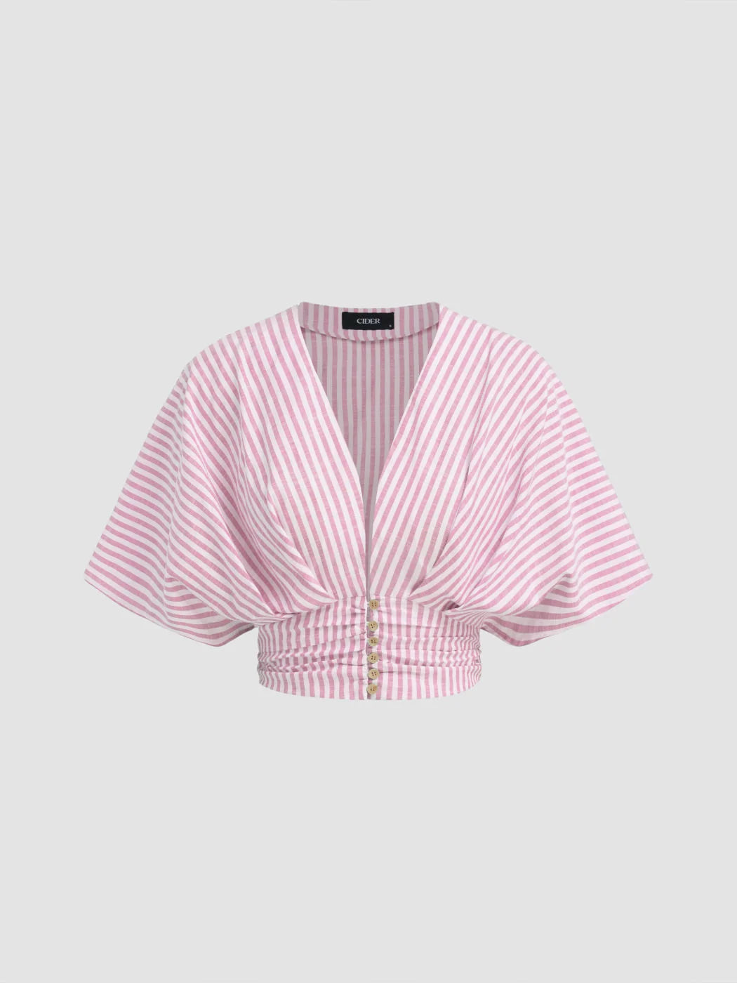 Cotton-blend V-neck Stripe Ruched Dolman Sleeve Shirt