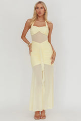 Rayah Sheer Insert Ruched Maxi Dress Yellow