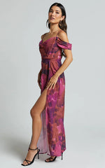 Keira Midi Dress - Draped Off the Shoulder Dress in Electric Cloud - Purple