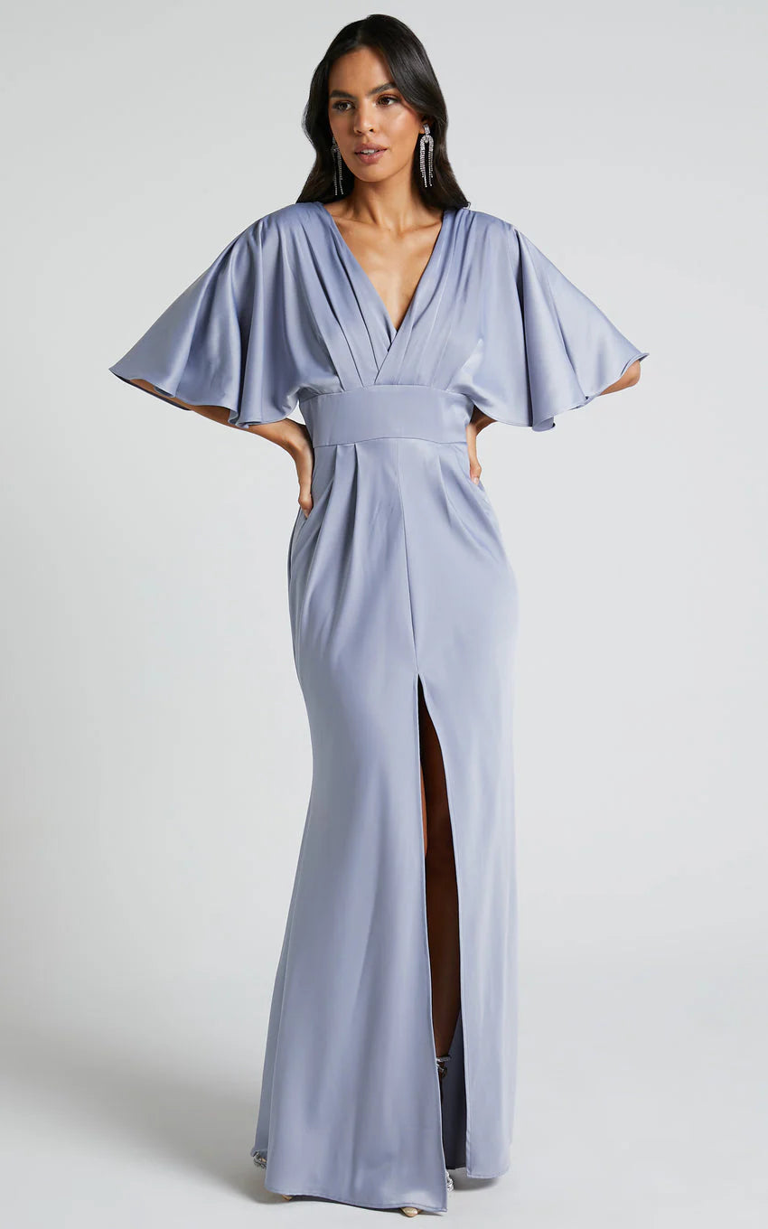 Gemalyn Maxi Dress - Angel Sleeve V Neck Split Dress in Sky Blue