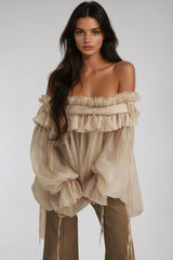 Aneirin Off Shoulder Mesh Ruffle Top