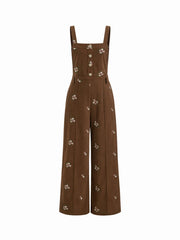 Corduroy Floral Backless Pocket Wide Leg Jumpsuit