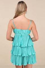 Sleek Dedication Aqua Blue Satin Plisse Cutout Tiered Mini Dress