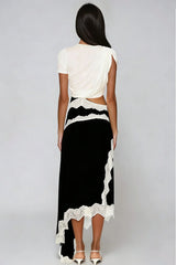 Bess Asymmetric Lace Satin Maxi Dress In Black
